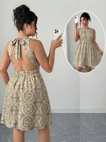 Elenzga Vacation Style Backless Halter Tie A-Line Dress - Khaki - View 1