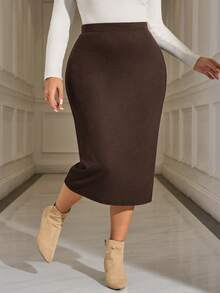 Miaspire Plus Size Elegant Solid Color Bodycon Skirt, Autumn/Summer/Spring/Vacation - Mocha Brown - View 6