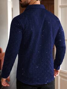 Manfinity Homme Plus Size Men's Long Sleeve Collared Button-Up Shirt Men Rhinestone Shirt Mens Sequin Shirt - Navy Blue - View 2