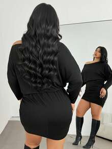 Auralis Women Plus Size Black Autumn Classy Formal Evening Night Out Club Dress,Oblique One Shoulder Long Sleeve Pleated Bodycon Mini Skirt Cinched Waist Y2K - Black - View 2