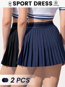 Velisys 2pcs/Set Casual Versatile High Elastic Waistband Slim Fit Pleated Yoga Sports Skirt Shorts - Multicolor - View 2
