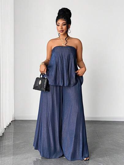 Maweii Plus Size Women 2 Piece Set: Sleeveless Pleated Solid Color Crop Top + Elastic Waist Wide Leg Pants, Suitable For Spring, Summer, Autumn, Winter, Casual, Elegant, Commute, Date Outfit