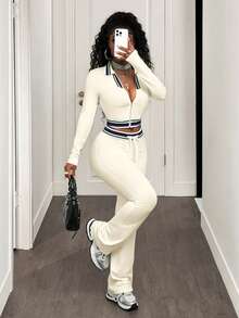 BamGleam 两件套撞色翻领短款拉链上衣和修身喇叭裤，运动休闲时尚风 - 杏色 - 查看 8