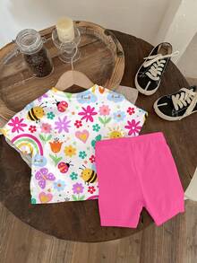 SHEIN 2pcs/Set Baby Girl Casual Cute Floral, Face, Rainbow, Insect, Butterfly Print Round Neck Short Sleeve T-Shirt And Shorts Set, Suitable For Spring/Summer Daily & Vacation