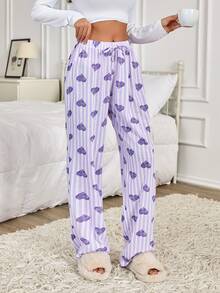 SHEIN WOMEN PLUS SIZE COTTON 2PCS FAKE DRAWSTRING DETAIL STRIPED HEART PATTERN LONG SLEEP PANTS HOMEWEAR SET - Multicolor - View 7