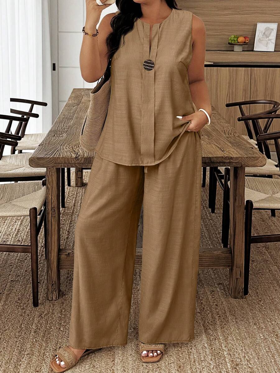 EMERY ROSE Casual Style Plus Size Solid Color Round Neck Sleeveless Loose 2 Pieces Set - Brown - View 1