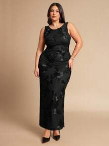 SHEIN BAE 大码女士优雅碎花图案无袖露背开衩连衣裙，夏季 - 黑色 - 查看 6