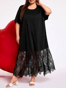 SHEIN CURVE+ 加大码/情人节/大码女式长裙，二合一连衣裙，蕾丝拼接连衣裙，透明女式连衣裙，黑色连衣裙，春夏女式连衣裙，生日女式连衣裙，节日黑色连衣裙，优雅 - 黑色 - 查看 7