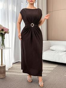 Modelyn Plus Size Women's Solid Color Round Neck Batwing Short Sleeve Side Slit Hem Elegant Dress - Coffee Brown - View 7