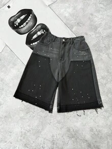 SHEIN Teen Boy Fashion Casual Boy's Stylish Black Loose And Comfortable Mix Of Street And Paint Dots Straight Leg Shorts Jeans For Teen Boy Clothes Boys Dailywear And Teen Boy Summer And Spring Clothes