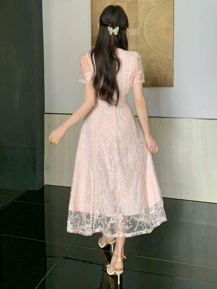 Elegant Lace Trim Short Sleeve Dress, Youthful And Chic Mini Party Dress Sundress Cocktail Dress