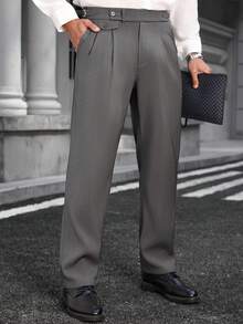 Manfinity Bizformal Men's Pleated Solid Color Slant Pocket Business Casual Pants - Grey - View 4
