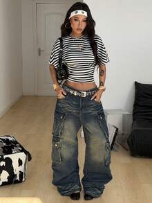 Coolane Women's Spring/Summer Minimalist Y2K Basic Daily Wear Casual Back To School Streetwear Stretchy White And Black Striped Loose Ruched Crop Tees - Black and White - View 3