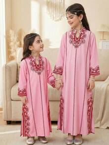 SHEIN Robe à encolure échancrée avec imprimé floral et ourlet fendu pour jeune fille - Rose bonbon - Voir 2