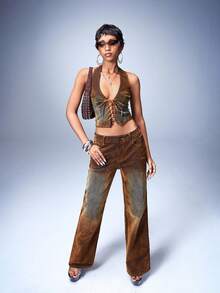 Y2Kool BiGraphic Quần jeans nữ dáng rộng, chất liệu denim màu nâu nhạt, kiểu dáng vintage Y2K, thích hợp cho mùa thu/đông, xuân/hè, các kỳ nghỉ, tiệc tùng, ngày Valentine và phối đồ hàng ngày. - màu nâu - Xem 8