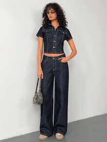 SHEIN Denim Woman Two Pieces Set Short Sleeve Shirt And Low Rise Jean - Dark Wash - View 6