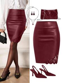Gownix Women's Solid Color Slim Fit Minimalist Design Versatile Skirt - Red - View 2