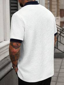 Manfinity CasualCool Men's Contrast Collar Short Sleeve Polo Shirt, Textured Jacquard Casual Top/Men's Casual Commuting Color Block Short Sleeve Polo Shirt - White - View 2