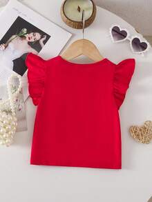 Baby Girl Cute Summer Versatile Knit Red Bow Tie Cap Sleeve Top - Red - View 2