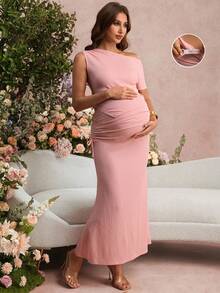 SHEIN 孕妇装 孕妇套装 夏季孕妇装 粉色孕妇套装：无袖不对称肩部上衣，不对称下摆 + 孕妇鱼尾裙。优雅针织提花面料，适合派对和情人节穿着。 - 粉色 - 查看 8