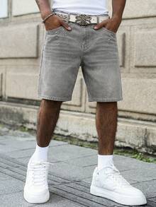 Manfinity EMRG Spring Casual Street High-Grade Gray Loose Straight Leg Jeans Shorts With Metal Rivets Studded Denim Shorts - Grey - View 3