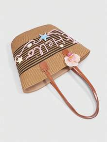 ROMWE Fairycore 1 Chiếc Túi Xách Nữ Chủ Đề Ngày Lễ, Trang Trí Vỏ Sò, Ốc Xoài, San Hô, Ngọc Trai, Túi Đi Biển Bằng Rơm Hoa Văn Dung Tích Lớn, Trang Trí Chữ "Hello" Bằng Rơm, Thích Hợp Cho Túi Du Lịch/Đi chơi Mùa Xuân/Hè. - Nhiều màu 2 - Xem 4