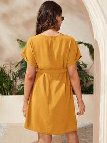SHEIN Đầm bầu dáng suông cổ tròn tay cánh dơi màu trơn, thích hợp cho mùa hè. - Màu vàng - Xem 2