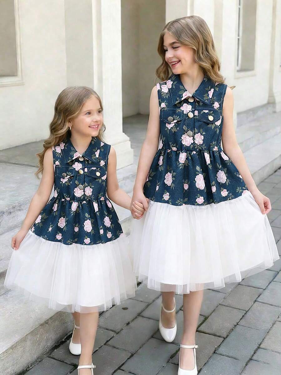 Elladie kids 女童牛仔碎花无袖连衣裙，甜美元素，牛仔布上身饰以清新白色碎花，翻领设计，仿口袋，纽扣闭合，多层薄纱裙摆，休闲可爱风格，轻盈透气，适合春夏日常穿着和派对场合。 - 藍色 - 查看 1