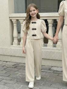 SHEIN 2pcs Girls Casual & Elegant Flutter Sleeve Round Neck Blouse And Wide Leg Pants Set - Apricot - View 8