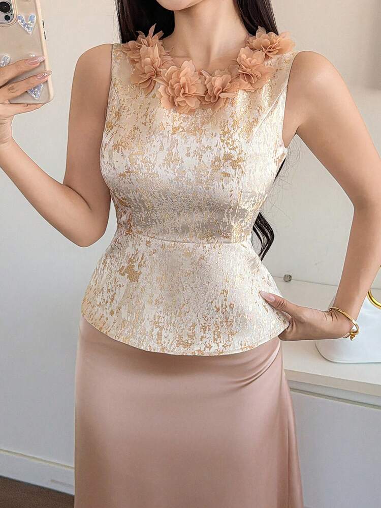 Women's Elegant 3D Floral Decor Sleeveless Top And Skirt 2-Piece Set, Summer