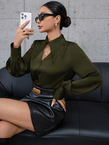 Aveloria Modichic 纯色长袖衬衫，正面镂空纽扣门襟，优雅商务休闲女装 - 橄欖綠 - 查看 6