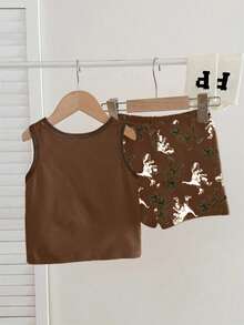Baby Boy Casual Soft Comfortable Stylish Cartoon Dinosaur Print Sleeveless Round Neck Tank Top And Dinosaur Silhouette Print Shorts Set, Suitable For Spring/Summer - Multicolor - View 3