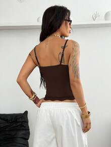 Coolane Women's Summer Cute Daily Wear Basic Contrast Lace Bow Slim Fit Blue Tank Tops - Brown - View 2