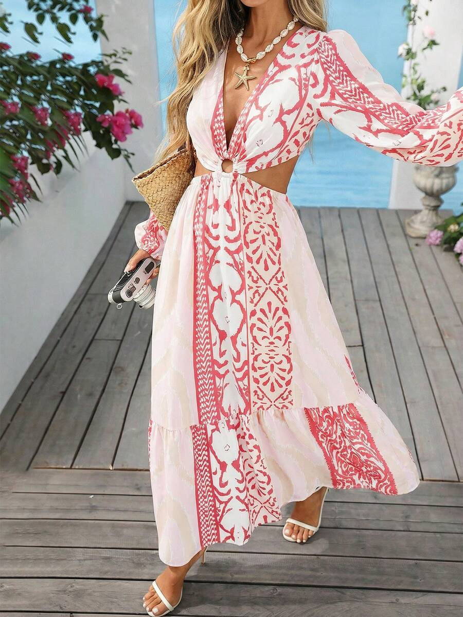 Vivid Eden Đầm dài tay cổ chữ V hở lưng in họa tiết Bohemian dành cho nữ - Hồng - Xem 1
