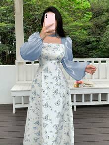 Feyla 女士优雅印花拼接收腰中长连衣裙，秋季 - 霧霾藍 - 查看 5