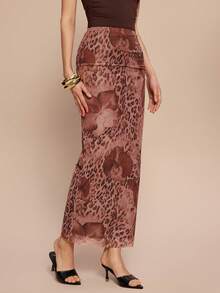 Leighera Chân váy mini ôm sát xẻ tà bằng vải lưới in họa tiết da báo và hoa dành cho nữ. - Cà phê nâu - Xem 5