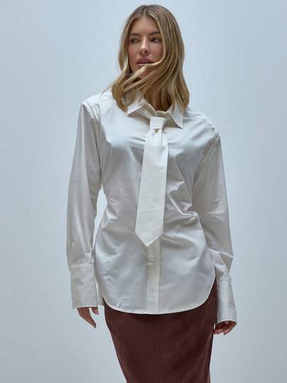 MUSERA Tie Cinch Waist Longline Collared Tie Detail Shirt Winter  Office Everyday Work Cute Coolgirl Tailoring