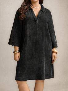 Zelara Vestido Casual Reto e Solto com Manga Enrolada e Cor Sólida para Mulheres Plus Size