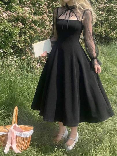 SHEIN MOD 撞色网纱喇叭袖系领黑色高领长袖连衣裙