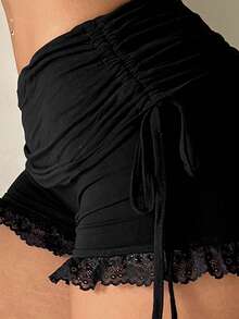 SHEIN PETITE CURVE Plus Size Women Summer Casual Everyday Commute Design Solid Color Drawstring Pleated Knot Lace Trim Shorts - Black - View 8