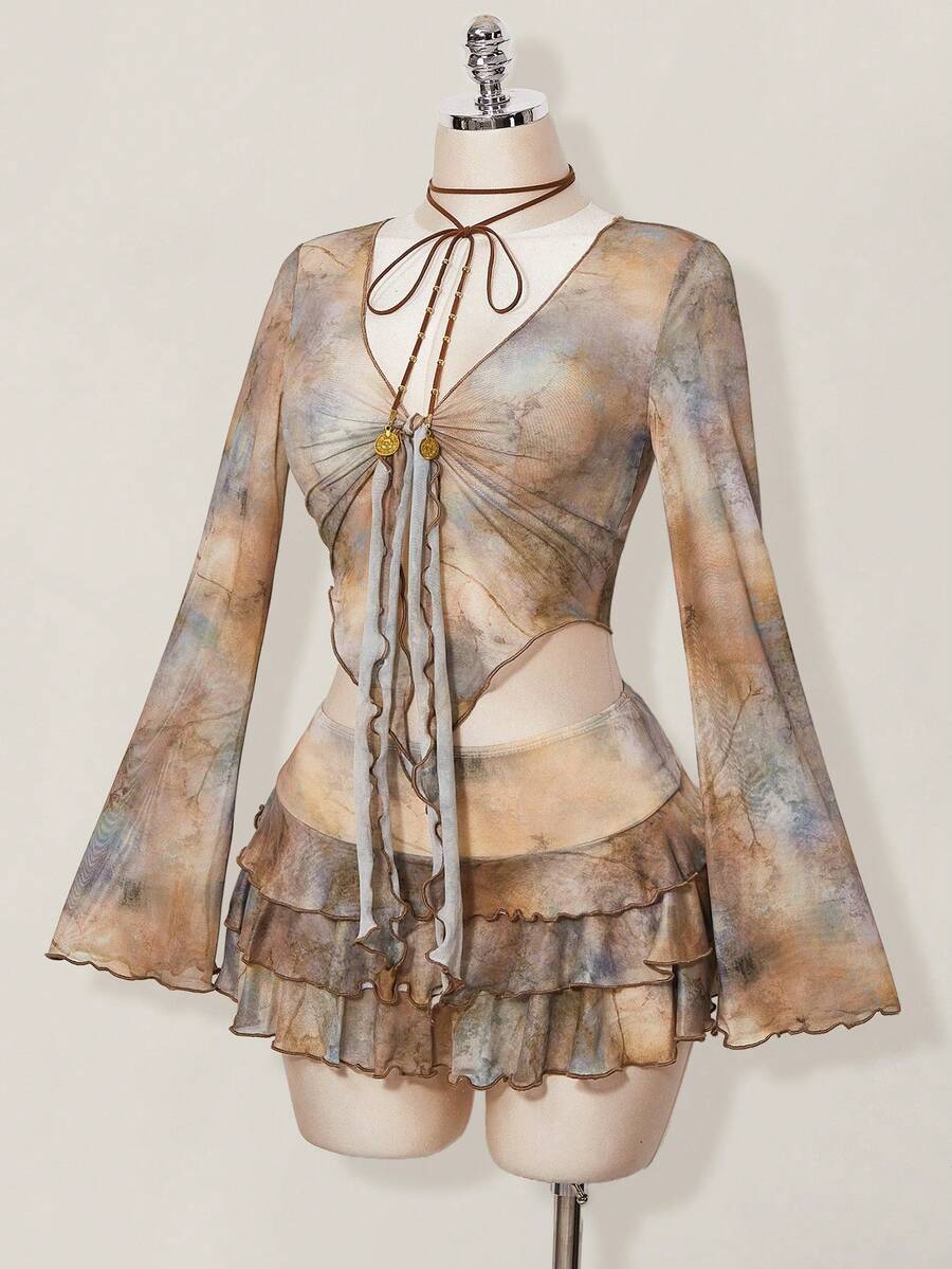 SHEIN ICON Bộ 2 món gồm áo khoác cardigan in họa tiết cổ điển, áo lưới và chân váy xếp tầng dành cho nữ. - Màu be - Xem 1