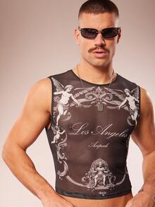 FeverCity Men's Fever City Angel Print Casual Fashion Tank Top Men Rave Top Men Mesh Crop Top Men Sexy Top Mens Graphic Cropped Top Los Angeles Mesh Top - Multicolor - View 2