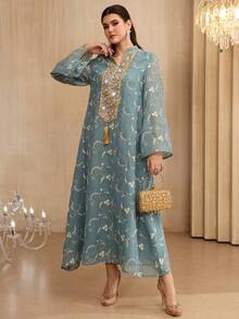 Layrah Elegantes Kleid mit Blumenstickerei und Glockenärmeln, Frühling/Sommer - Taubenblau - Übersicht 5