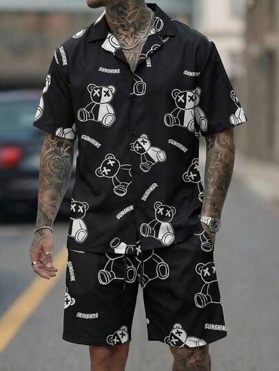 HIMLAND Men's Casual Cartoon Bear & Letter Print Short Sleeve Shirt And Drawstring Waist Shorts Set, Fashionable Street Style For Daily Commute, Summer