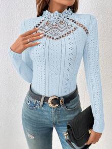 SHEIN Frenchy Guipure Adult Lace Insert Eyelet Embroidery Mock Neck Tee Bodysuit - Baby Blue - View 3