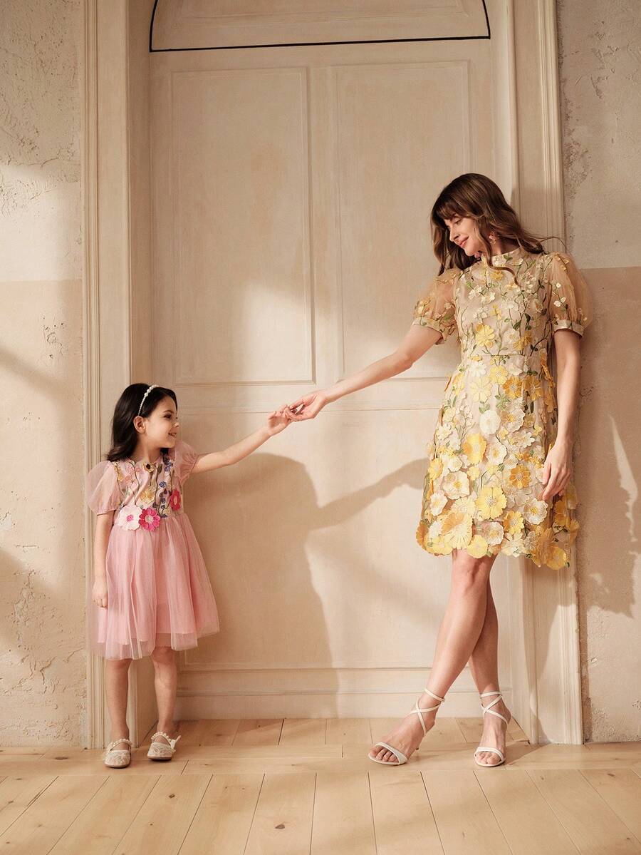 SHEIN 女童3D刺绣薄纱泡泡裙 - 粉色 - 查看 1