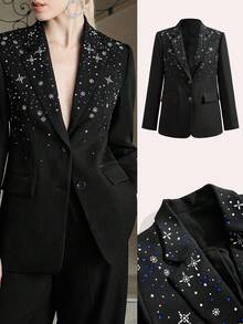 Anewsta Asymmetrical Star Rhinestone Decor Lapel Long Sleeve Women's Blazer Jacket, Chic & Party - Black - View 1