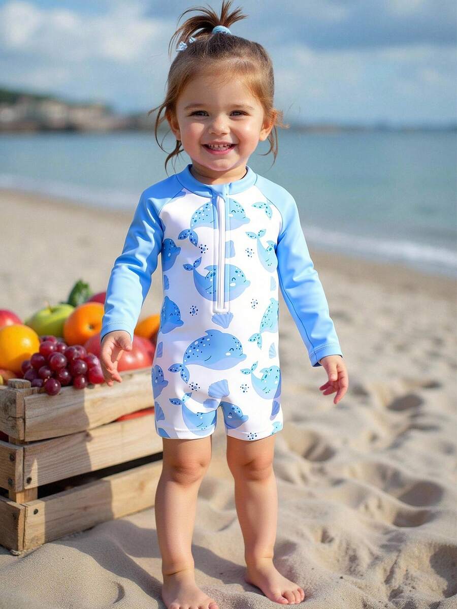 Áo tắm liền thân dài tay cho bé gái, họa tiết ngẫu nhiên.