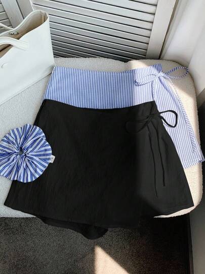 Comfortcana 2pcs Plus Size Women Summer Casual Linen Bow Striped Skirt Pants And White Drawstring Wrap Shorts Set, Suitable For Beach Vacation