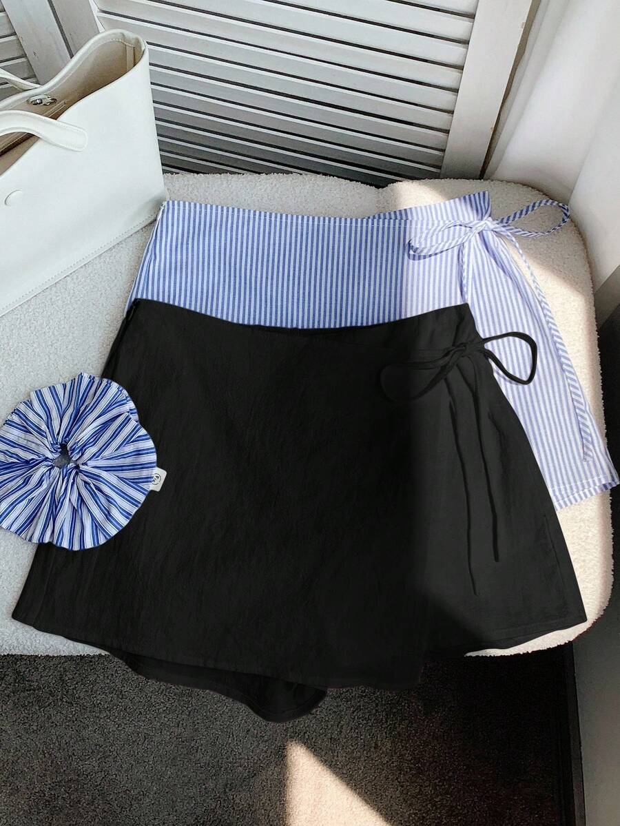 SHEIN EZwear 2件組大尺碼女款夏季休閒亞麻蝴蝶結條紋裙褲與白色抽繩圍裹短褲套裝,適合海灘度假 - 彩色 - 查看 1